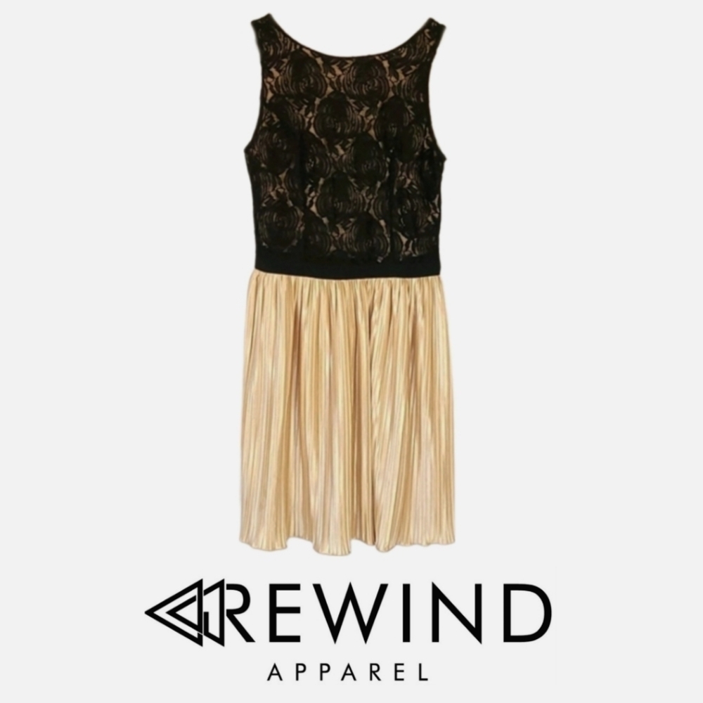 Y2K Whimsigoth Bling Pleated Gold & Black Rose Lace Retro Dress, Size S